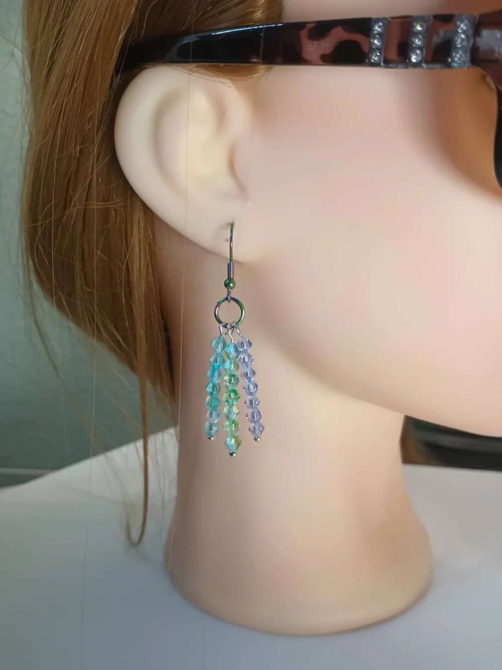 Tri-Color Glass Bicone Bead Fringe Dangle Earrings - Picture 2 of 5
